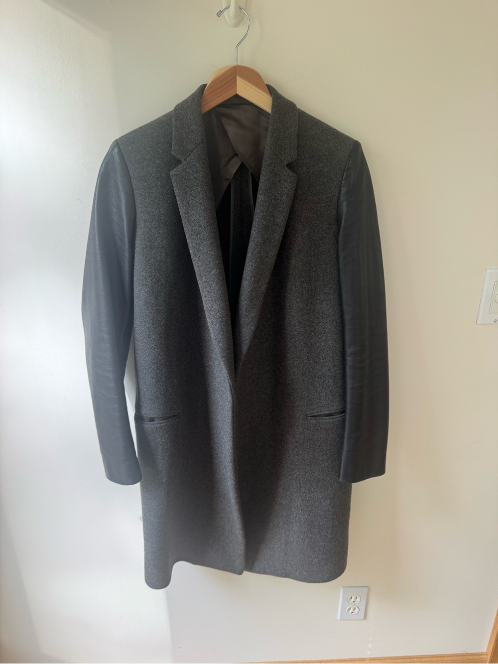 Céline by Phoebe Philo charcoal grey coat with black leather sleeves